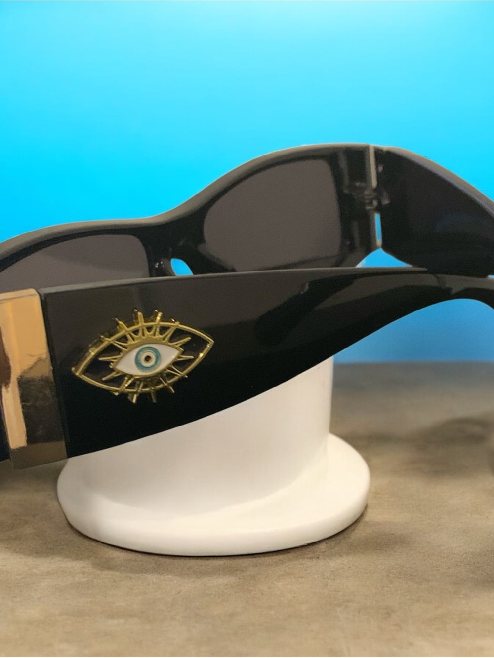 Black Men's Sunglasses with Gold Evil Eye Accent